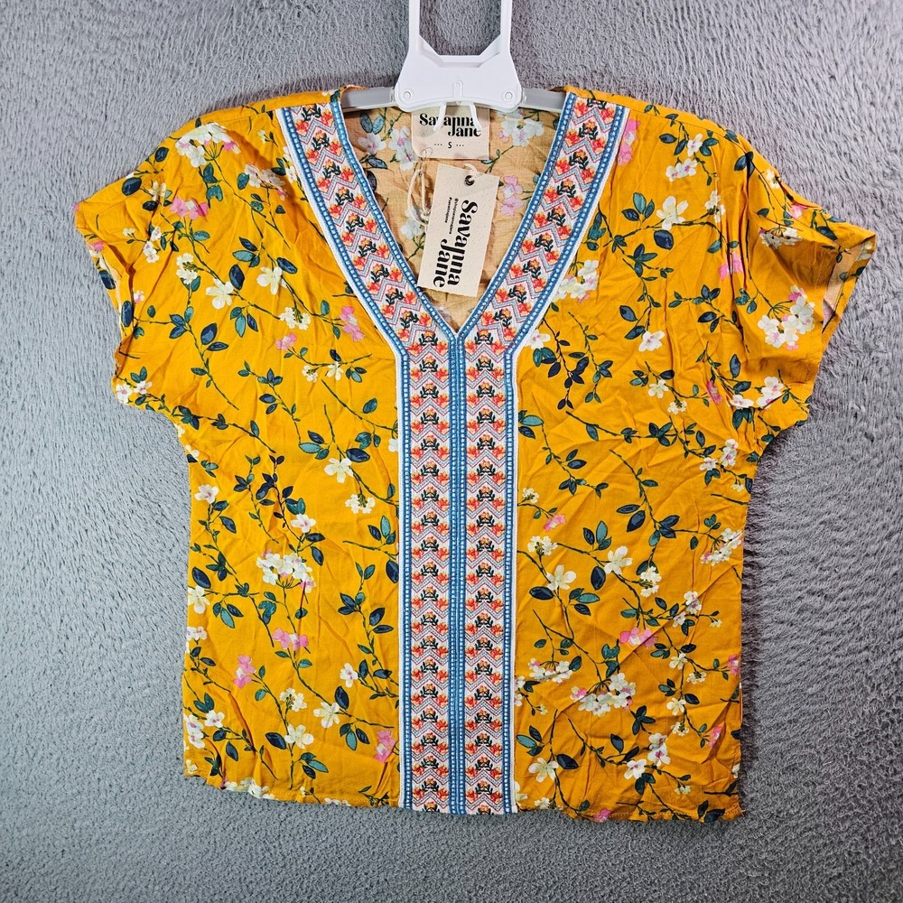 NEW Savanna Jane Boho Embroidered Top Women‎ Small V-Neck Floral Multicolor